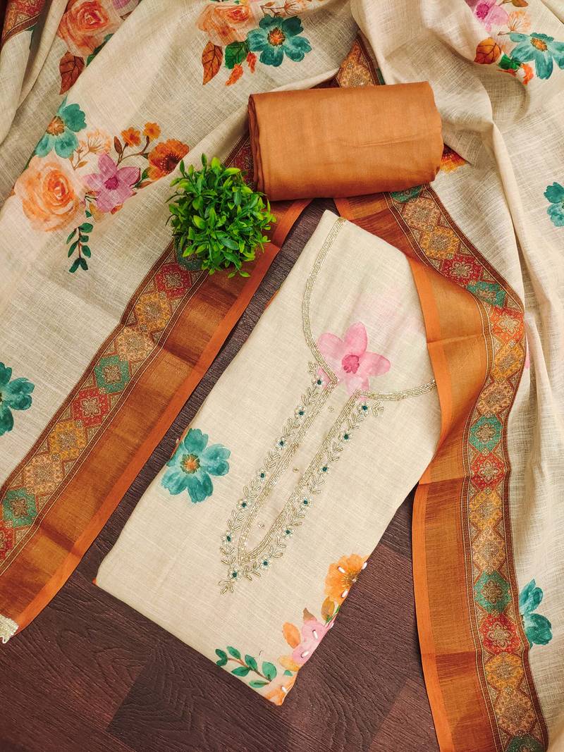 Beige linen cotton printed unstitched dress material
