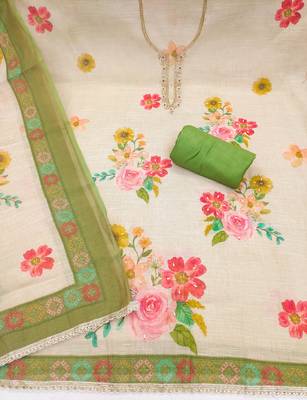 Beige linen cotton printed unstitched dress material 3