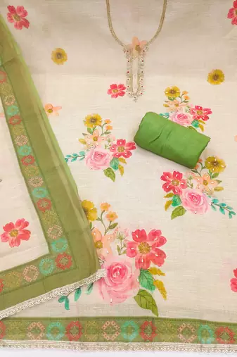 Beige linen cotton printed unstitched dress material