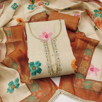 Beige linen cotton printed unstitched dress material 2