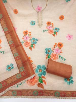 Beige linen cotton printed unstitched dress material 3