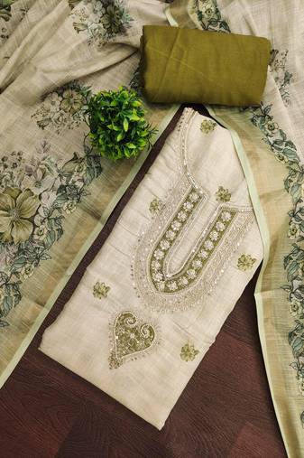 Beige linen cotton printed unstitched dress material