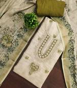 Beige linen cotton printed unstitched dress material