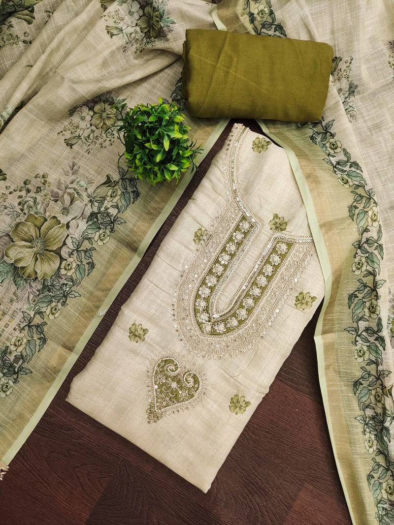 Beige linen cotton printed unstitched dress material