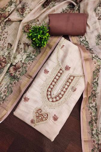 Beige linen cotton printed unstitched dress material