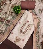 Beige linen cotton printed unstitched dress material