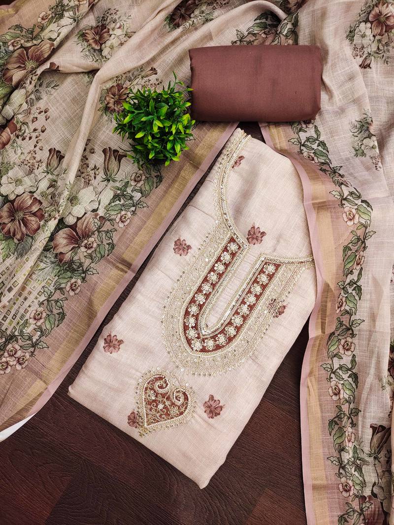 Beige linen cotton printed unstitched dress material