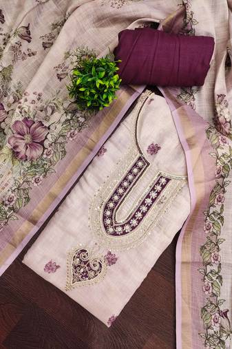 Lavender linen cotton printed unstitched dress material