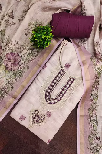Lavender linen cotton printed unstitched dress material