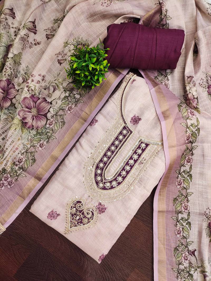 Lavender linen cotton printed unstitched dress material