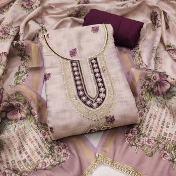 Lavender linen cotton printed unstitched dress material 2