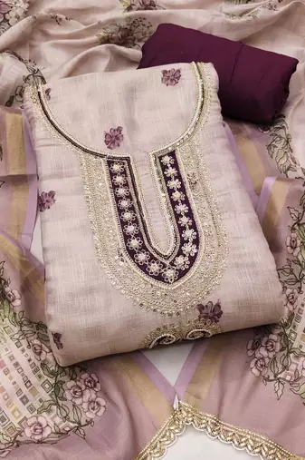Lavender linen cotton printed unstitched dress material