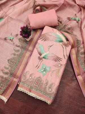 Pink linen cotton printed unstitched dress material 1