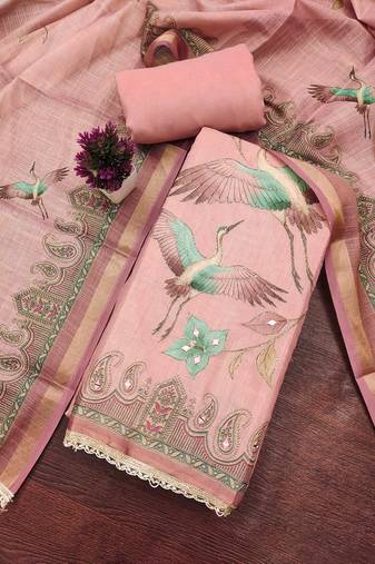 Pink linen cotton printed unstitched dress material