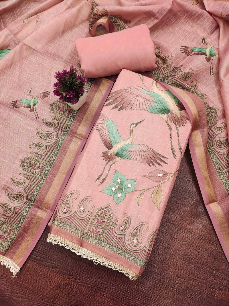 Pink linen cotton printed unstitched dress material