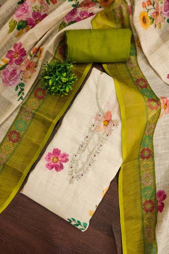 Beige linen cotton printed unstitched dress material