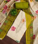 Beige linen cotton printed unstitched dress material