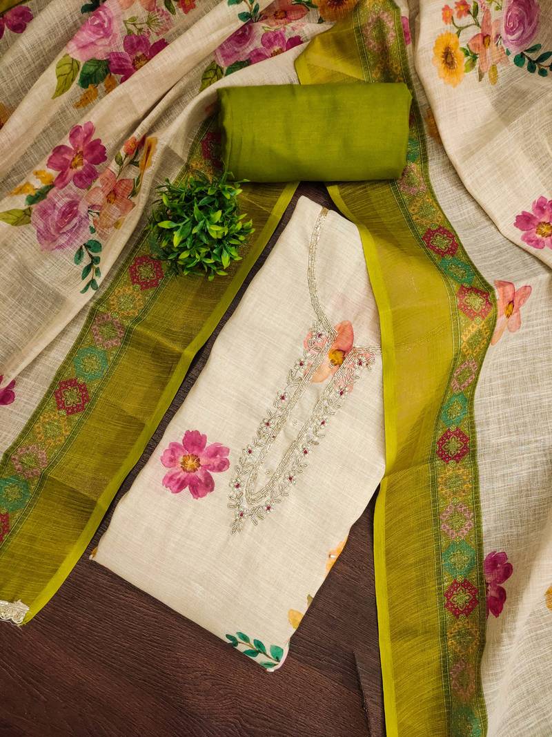 Beige linen cotton printed unstitched dress material