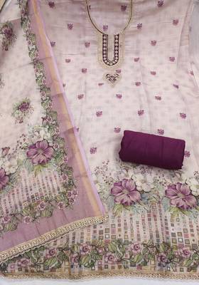 Lavender linen cotton printed unstitched dress material 3