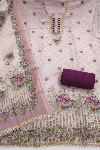 Lavender linen cotton printed unstitched dress material