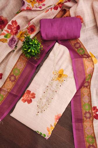 Beige linen cotton printed unstitched dress material