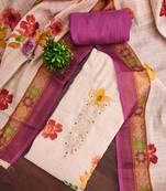 Beige linen cotton printed unstitched dress material