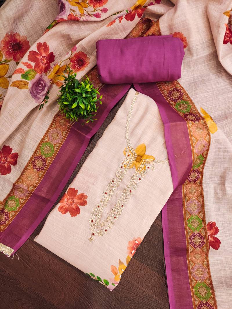 Beige linen cotton printed unstitched dress material