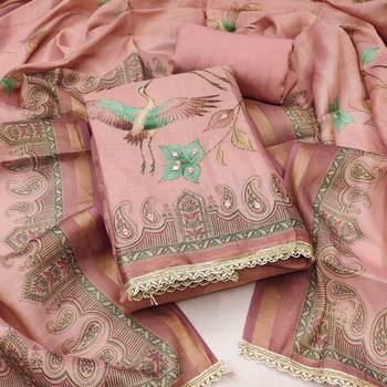 Pink linen cotton printed unstitched dress material 2