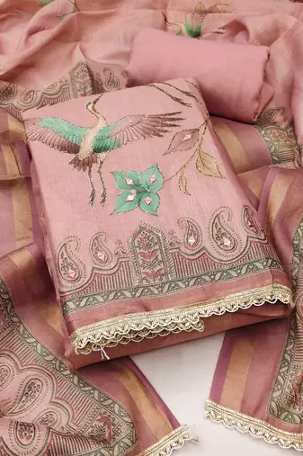 Pink linen cotton printed unstitched dress material
