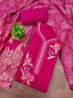 Magenta georgette viscose embroidered unstitched dress material 1