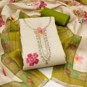 Beige linen cotton printed unstitched dress material 2