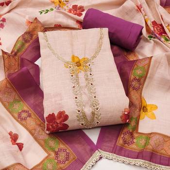 Beige linen cotton printed unstitched dress material 2