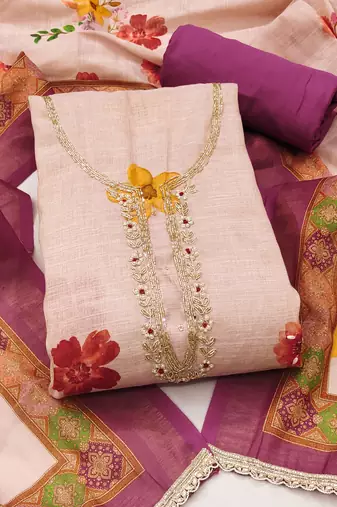 Beige linen cotton printed unstitched dress material