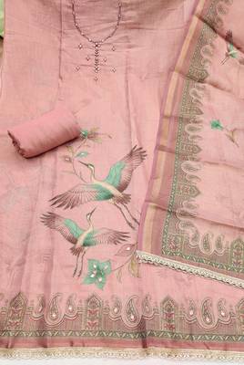 Pink linen cotton printed unstitched dress material 3