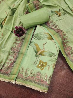 Green linen cotton printed unstitched dress material 1