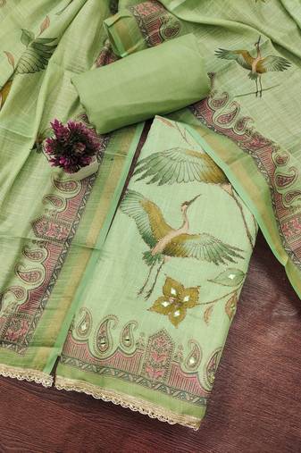 Green linen cotton printed unstitched dress material