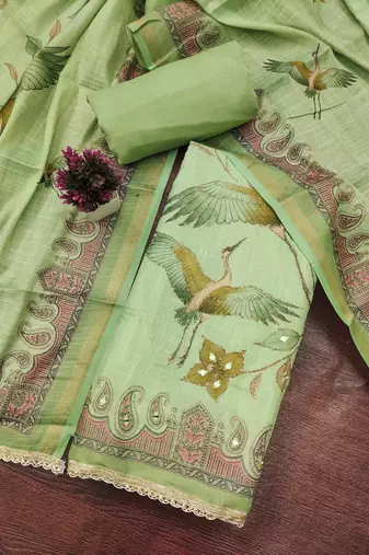 Green linen cotton printed unstitched dress material