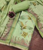 Green linen cotton printed unstitched dress material