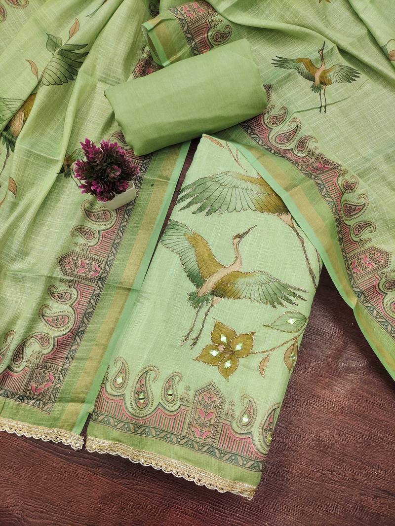 Green linen cotton printed unstitched dress material