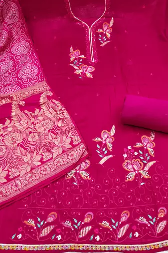 Magenta georgette viscose embroidered unstitched dress material