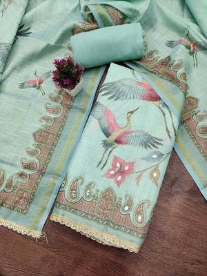 Blue linen cotton printed unstitched dress material 1