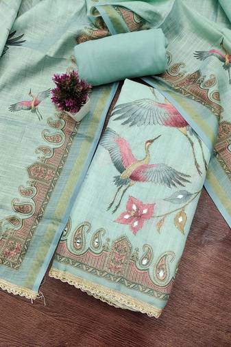 Blue linen cotton printed unstitched dress material