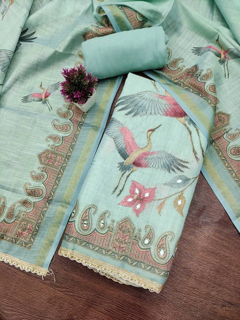 Blue linen cotton printed unstitched dress material