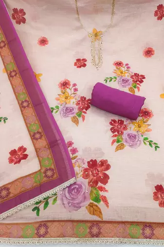 Beige linen cotton printed unstitched dress material