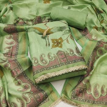 Green linen cotton printed unstitched dress material 2