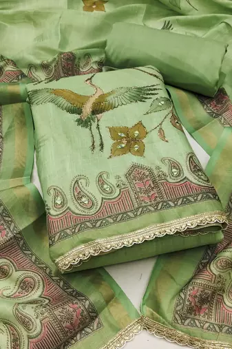 Green linen cotton printed unstitched dress material