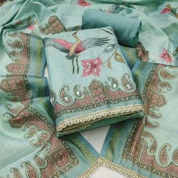 Blue linen cotton printed unstitched dress material 2