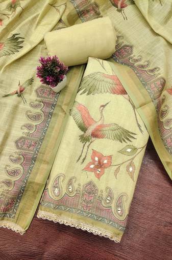 Yellow linen cotton printed unstitched dress material