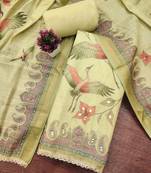 Yellow linen cotton printed unstitched dress material
