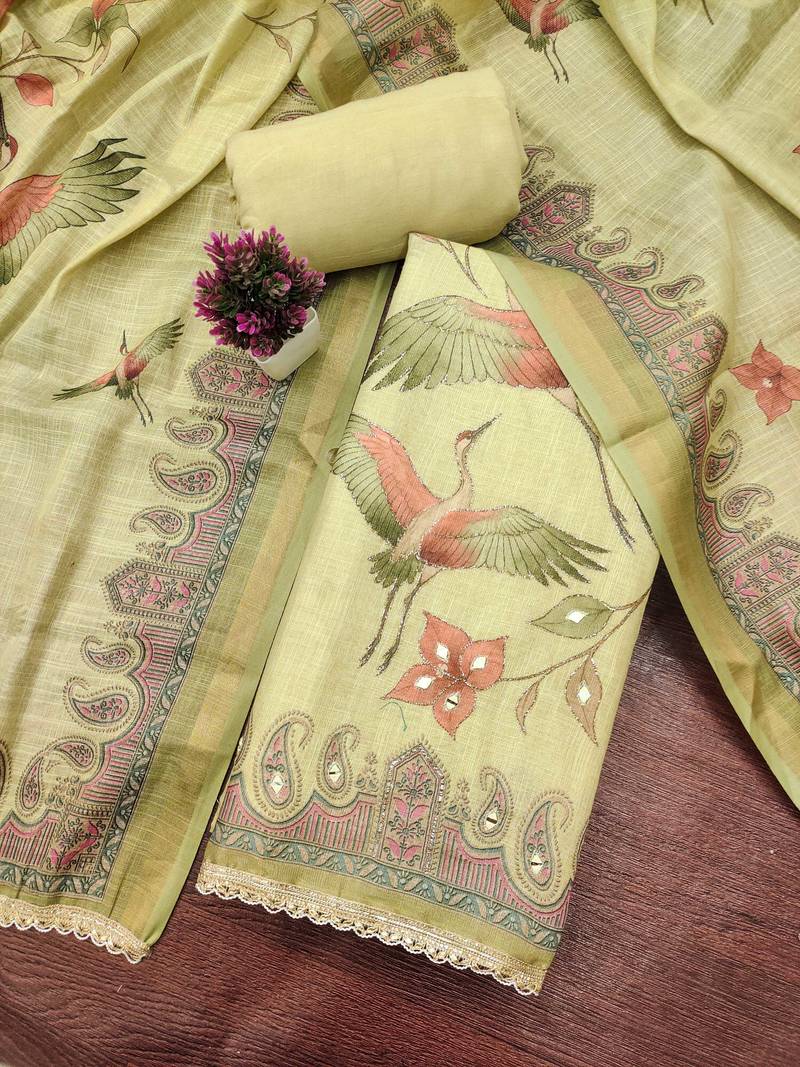 Yellow linen cotton printed unstitched dress material